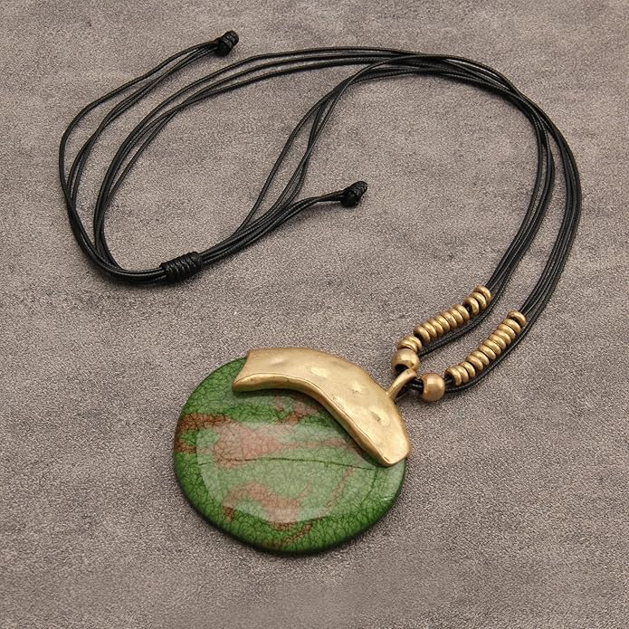 GelConnie Leather Necklace for Women Large Pendant Long Brown Necklace Circle Leather Choker Vintage Sweater Necklace Gold Chunky Boho Necklaces for Women