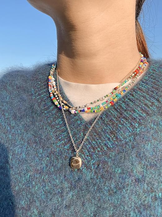 Handmade Bohemian Beaded Necklace for Women - Adjustable Layered Choker with Freshwater Pearls, Multicolor Glass Beads & 14K Gold Plated Stainless Steel, Summer Vacation Jewelry Gift