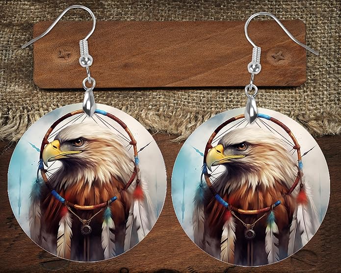 Round Wood Earrings Light Weight Printed Image Dangle Jewelry