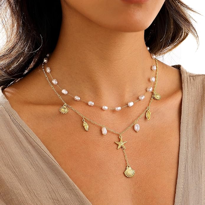 Shell Charm Necklace For Women Stack Seashell Pearl Dainty Starfish Beach Layered 14k Gold Plated Pendant Summer Boho Jewelry Gifts