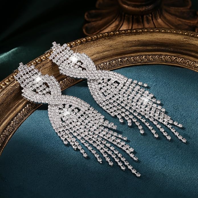 Sllaiss Rhinestone Bridal Jewelry Set for Women Sparkling Rhinestone Stretch Bracelet Ring Dangle Tassel Earrings Set Costume Jewelry
