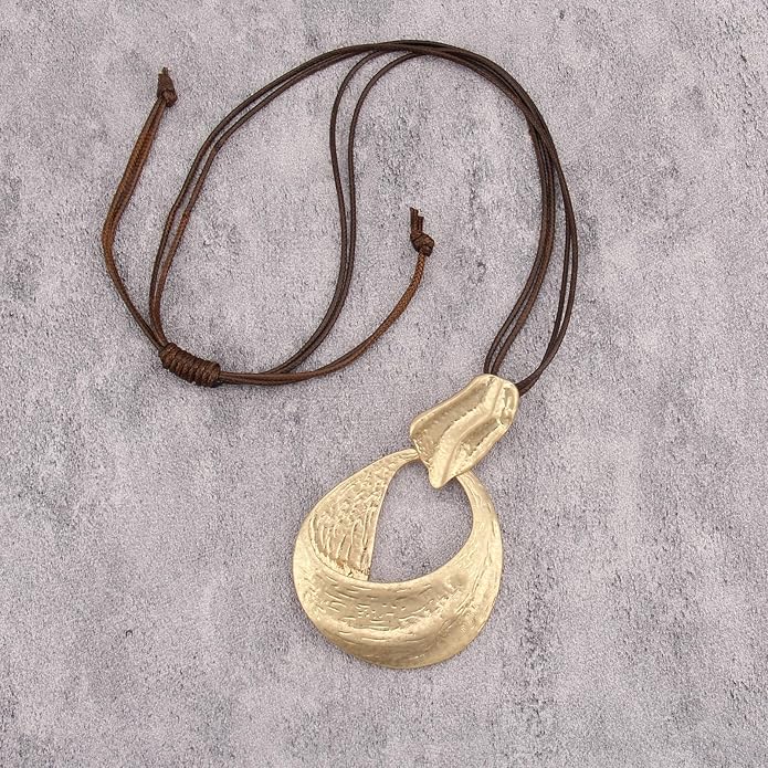 GelConnie Leather Necklace for Women Large Pendant Long Brown Necklace Circle Leather Choker Vintage Sweater Necklace Gold Chunky Boho Necklaces for Women