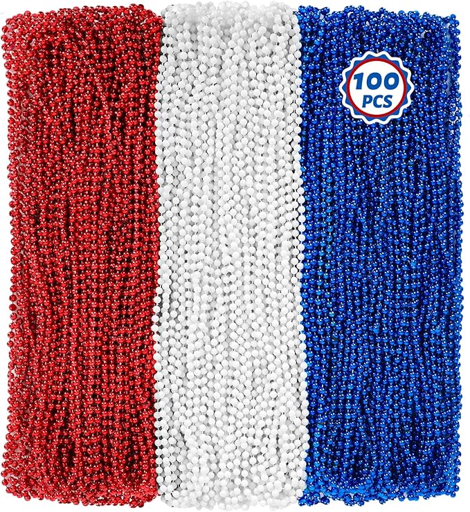 100 PCS 4th of July Beads, 33" Patriotic Beads Necklaces Bulk, Red White Blue Necklace Bulk, Independence Day Party Parade Throw Accessories Set for Memorial Day Fourth of July Party Supplies