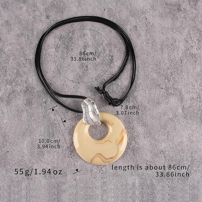 Boho Leather Necklace Women Bohemian Brown Circle Pendant Necklace Choker Long Necklaces for Women Boho Ring Large Pendant