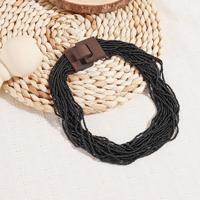Coiris Beaded Strand Necklace for Women Boho Chunky Beaded Strand Necklace Bohemian Summer Beach Necklace Jewelry for Women(N0059-Black)