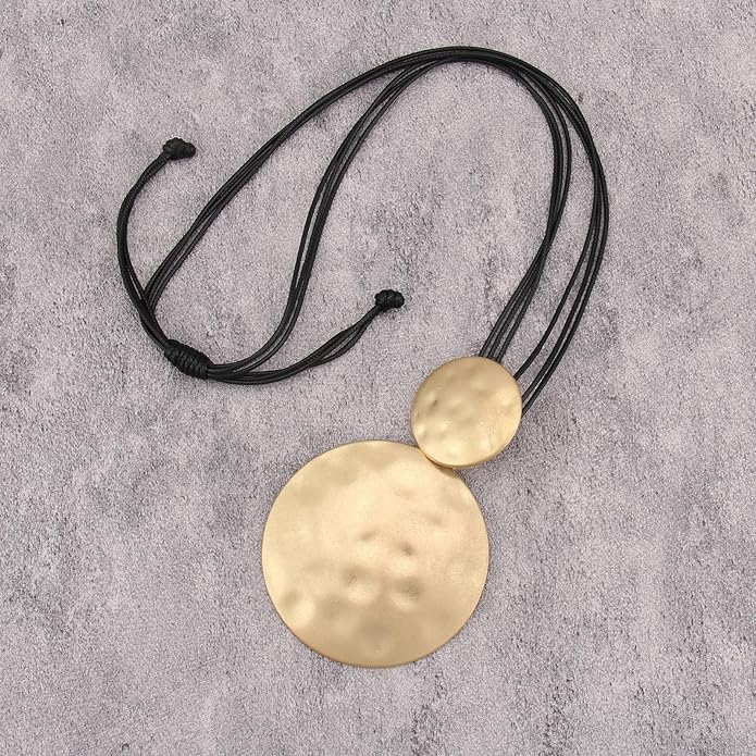 GelConnie Leather Necklace for Women Large Pendant Long Brown Necklace Circle Leather Choker Vintage Sweater Necklace Gold Chunky Boho Necklaces for Women