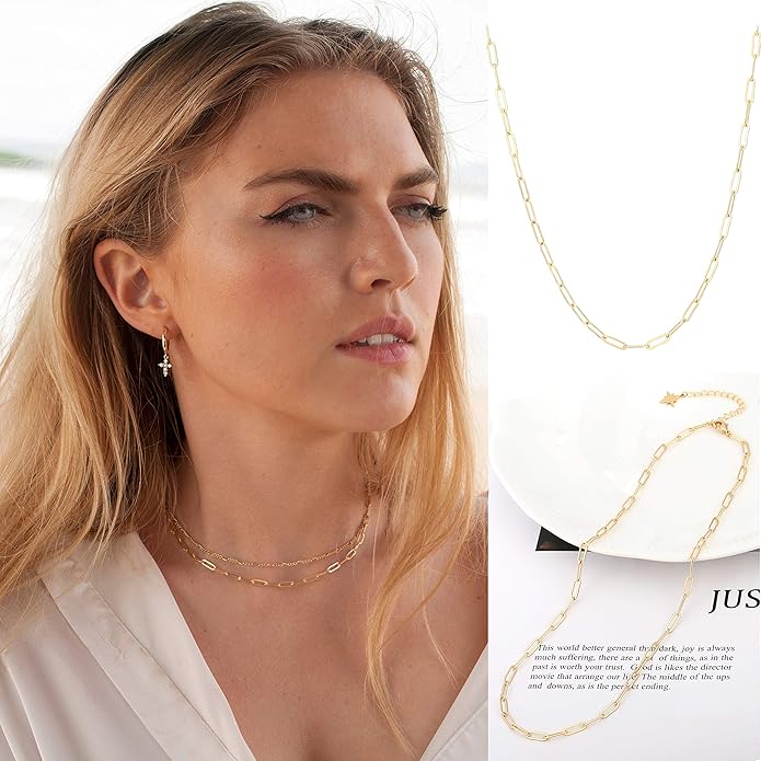Aobei Pearl 18K Gold Plated Paperclip Chain Choker Satellite Chain Freshwater Cultured Biwa Pearl Pendant Necklace Dainty Jewelry for Women