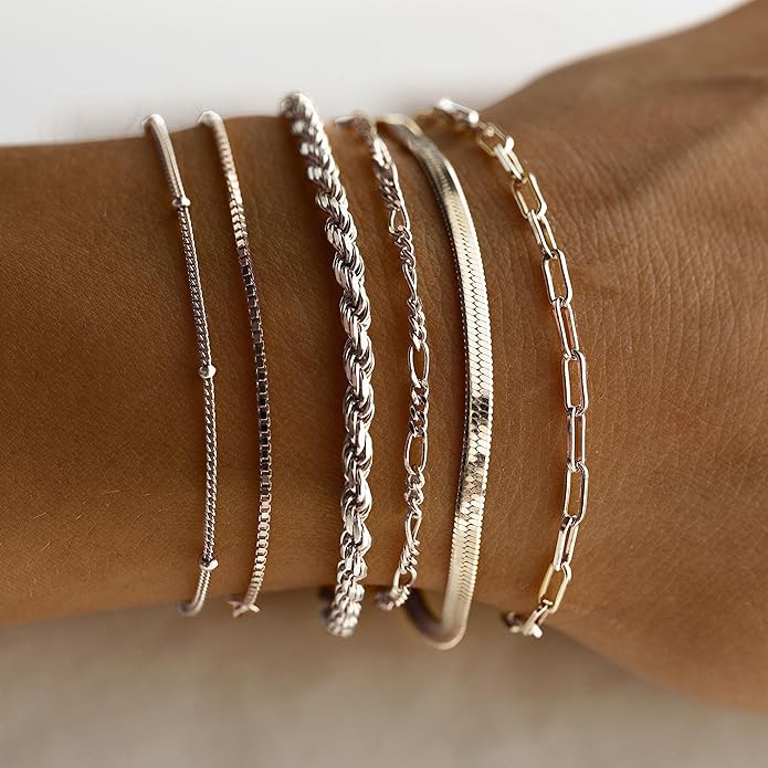 DEARMAY Gold Bracelets for Women Waterproof, 14K Gold Plated Jewelry Sets Trendy Thin Dainty Stackable Cuban Link Paperclip Chain Bracelet Pack Fashion Accessories Gifts for Womens