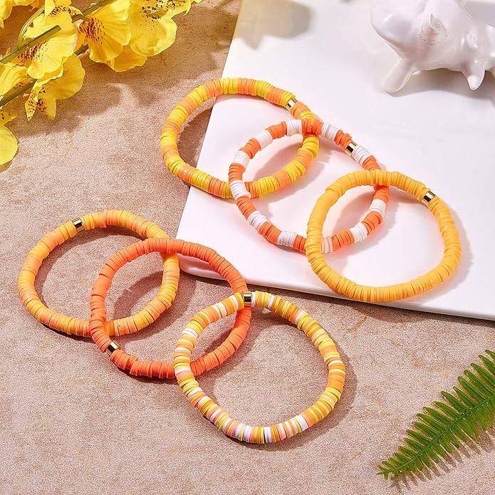 Ornaland 6 Pcs/Set Heishi Surfer Bracelets Set 6mm Polymer Clay Heishi Beads Stretch Bracelets Bohemia Summer Beach Jewelry for Women (Dark Orange)