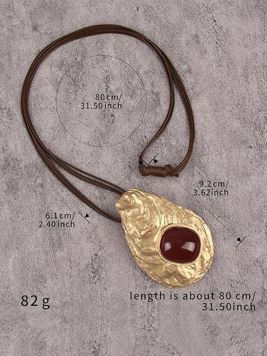 GelConnie Leather Necklace for Women Large Pendant Long Brown Necklace Circle Leather Choker Vintage Sweater Necklace Gold Chunky Boho Necklaces for Women