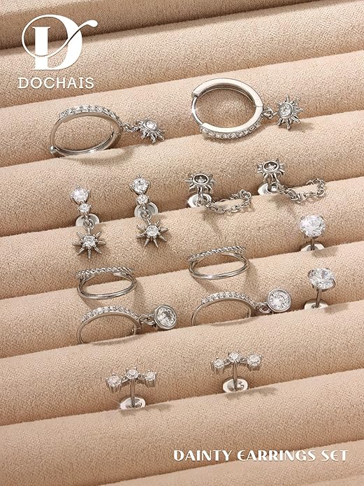 Dochais Flat Back Cartilage Earrings for Women Trendy Dainty CZ Flatback Studs Earing Sets 14k Gold Plated Hypoallergenic Huggie Hoops Earring Stacks for Multiple Piercing
