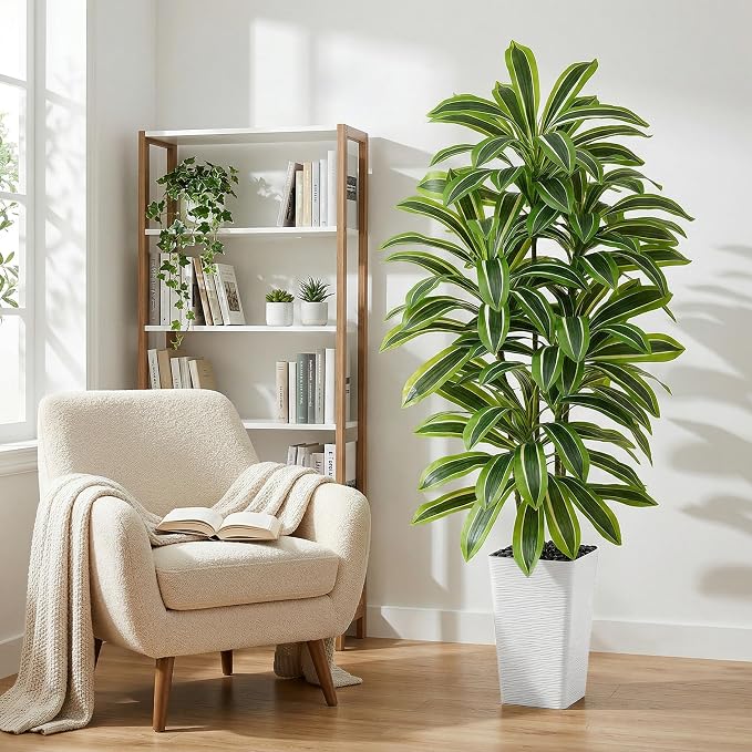 Artificial Dracaena Tree: 6FT Fake Plants Silk Faux Trees（White Pot） | - Image 9