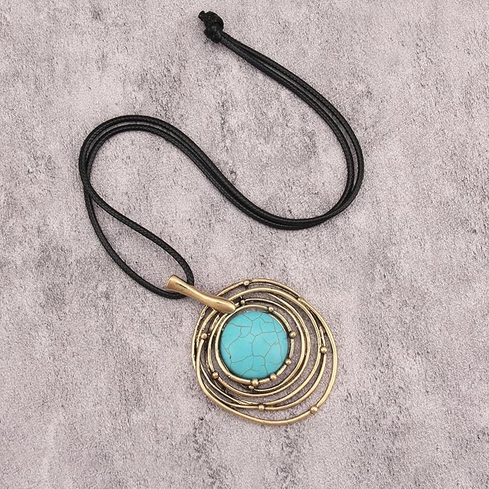 Boho Leather Necklace Women Bohemian Brown Circle Pendant Necklace Choker Long Necklaces for Women Boho Ring Large Pendant