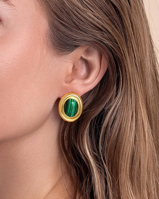 18K gold plated Medium Oval Button Chunky Statement Earrings for Women by SNGIA, (Turquoise, Carnelian, Aventurine, Amethyst, Malachite, Cat Eye, White, Cream) Bold Handmade Colored (Red, Blue, Green, White, Cream, Purple) Exaggerated Dome Retro Rounde...