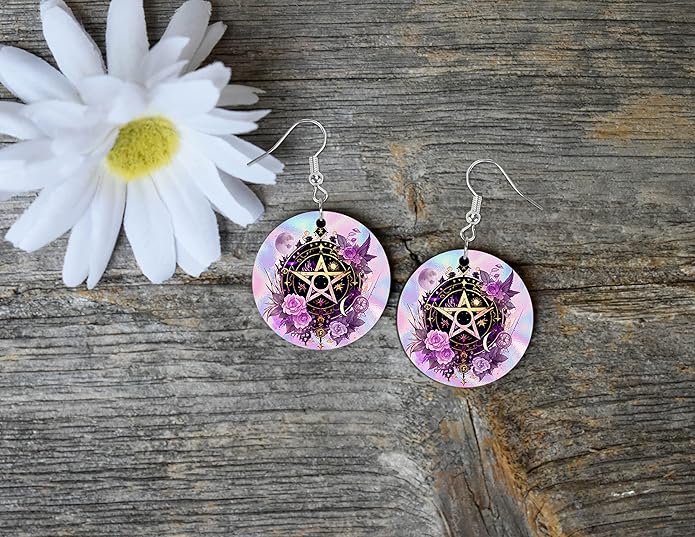 Round Wood Earrings Light Weight Printed Image Dangle Jewelry
