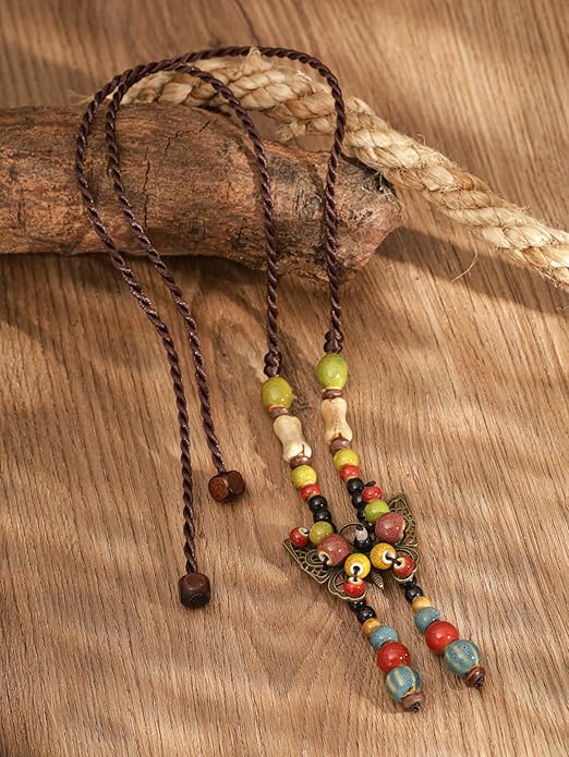 MINACHI Hippie Boho Colorful Ceramic Bead Butterfly Charm Pendant Y Necklace, Vintage Bohemian Statement Jewelry Gift for Women
