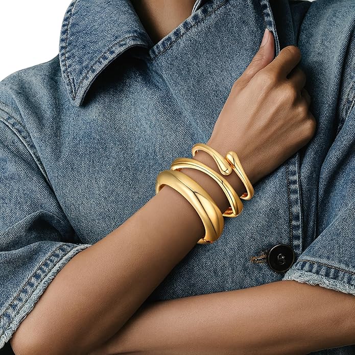 Chunky Gold Bangle Bracelets for Women Trendy 14K Gold Plated Cuff Bracelets Stack, Dainty Bracelet Sets Fashion Jewelry Gift