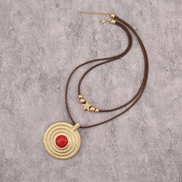 Boho Necklaces for Women Chunky Circle Necklace Layered Boho Circle Leather Choker Necklace Long Vintage Necklaces Bohemian Jewlery Gifts