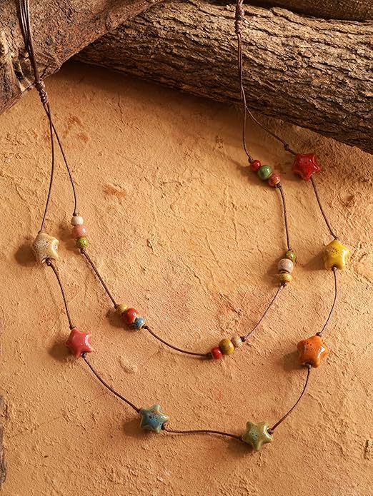 MINACHI Hippie Boho Double Layered Colorful Ceramic Heart Round Bead Necklace, Bohemian Jewelry Gifts for Women