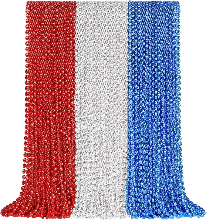 SHAOQINLIN 100 PCS Patriotic Bead Necklaces, 4th of July Oval Beads Necklaces Bulk 4th of July Accessories 30.5 Inch Metallic Red/Silver/Blue Beaded Necklace for Patriotic Day, Carnival Party Favor