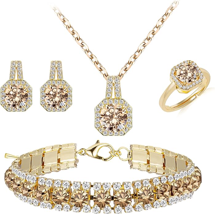 4pcs Cubic Zirconia Wedding Jewelry Sets for Bride Bridesmaid Cubic Zirconia Pendant Necklace Earrings Link Tennis Bracelet Open Ring Set for Women