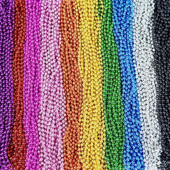 ZYFLSQ 300 Pcs Mardi Gras Beads Necklaces Bulk, 33" 7mm Multi Colors Metallic Beaded Necklaces for Party Costume Necklaces (10 Colors)