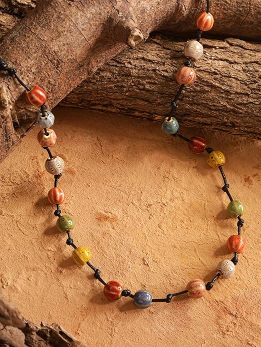 MINACHI Hippie Bohemian Colorful Ceramic Bead Long Strand Necklace, Boho Hippie Beach Summer Statement Jewelry Gift for Women