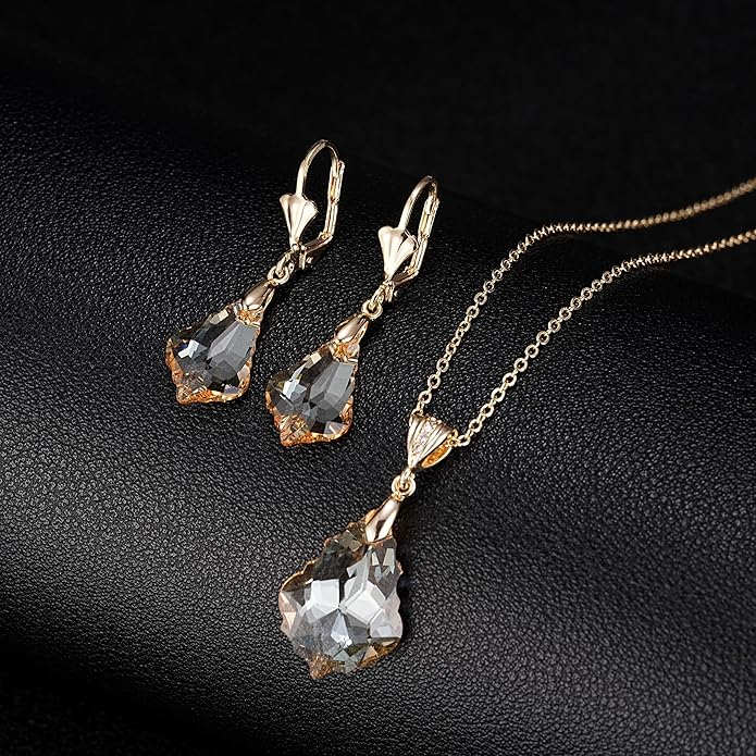 EVEVIC Austrian Crystals Baroque Pendant Necklace Earrings for Women 14K Gold Plated Hypoallergenic Leverback Drop Dangle Earrings Jewelry Set
