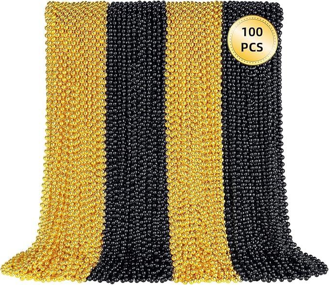 SHAOQINLIN 100 PCS Gold Black New Year Necklaces, 33'' Happy New Year Eve Necklaces Accessories, 2026 New Year Party Beads for New Year's Day, Halloween, Christmas, Carnival Party Favors