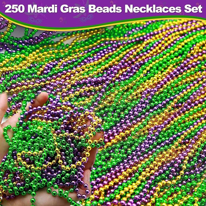 Camlinbo 250 PCS Mardi Gras Beads Necklaces Bulk Purple Gold Green Beads Mardi Gras Party Favor Supplies Costume Accessories