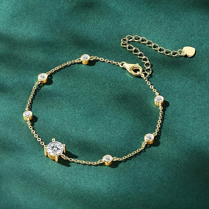 Bezel Station Link Bracelets for Women, 1.36cttw D Color Moissanite Bracelet 925 Sterling Silver for Wife or Mom, Adjustable Chain