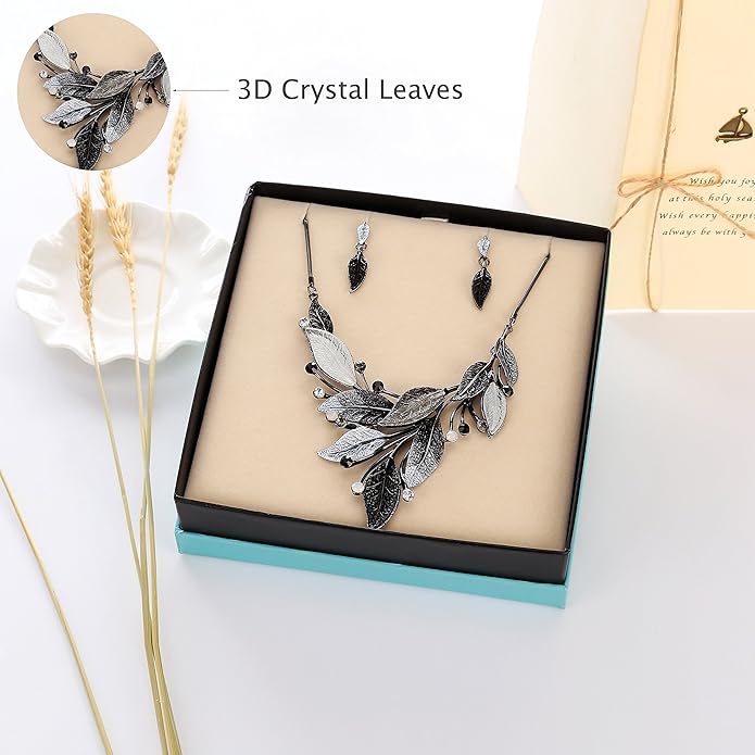 AMYJANE Vintage Statement Jewelry Set - Spring Leaf Flower Floral Plant Necklace Earring Set Crystal Rhinestone Fashion Costume Jewelry for Women Prom Party Unique Gift