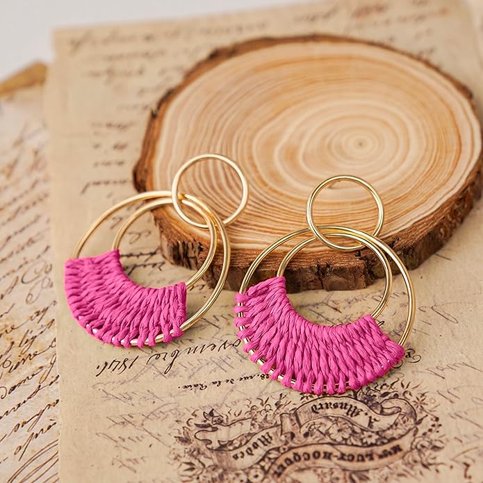 Raffia Hoop Earrings for Women Fun Boho Summer Beach Earrings Lightweight Handmade Straw Wicker Rattan Dangle Earrings Statement Geometric Round Drop Earrings