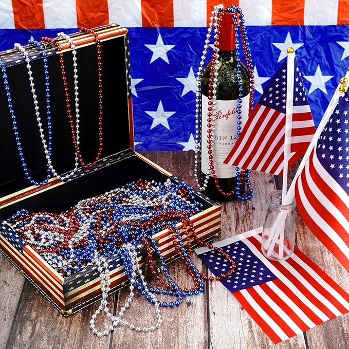 ZYFLSQ 100PCS 4th of July Bead Necklace, 33" 7mm Independence Day Bead Necklaces Bulk, Metallic Beaded Necklaces, 4th of July Accessories for Patriotic Parade Party Favors Decorations(Red/Silver/Blue)