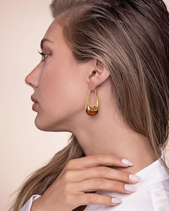 Long Oval Chunky Dangle 18K gold plated Hoops with Colored Resin Gemstone Statement Earrings for Women by SNGIA, (Green, Brown, Blue, Pink, White, Cream), Bold Drop Handmade Exaggerated Irregular Trendy Bohemian Jewelry Gifts, Unique Dangling Teardrop ...