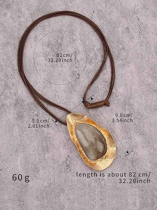 GelConnie Leather Necklace for Women Large Pendant Long Brown Necklace Circle Leather Choker Vintage Sweater Necklace Gold Chunky Boho Necklaces for Women