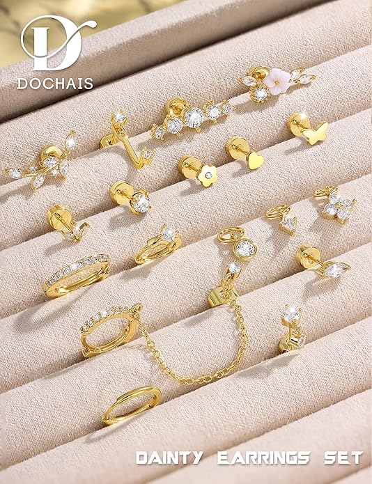 18 PCS Single Cartilage Studs Earrings Women Trendy 14k Gold Plated Flat Back Earings Stacks Dainty Small Pendant Dangle Huggie Hoops Earring Cubic Zirconia Flatback Stud Sets for Multiple Piercing