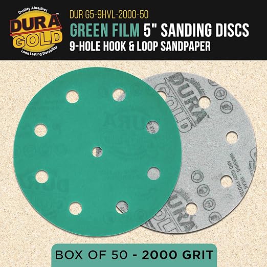Dura-Gold Premium 2000 Grit 5" Green Film Sanding Discs, 9-Hole Pattern - Image 2