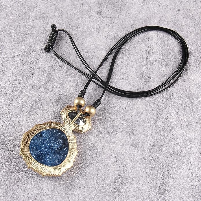 GelConnie Leather Necklace for Women Large Pendant Long Brown Necklace Circle Leather Choker Vintage Sweater Necklace Gold Chunky Boho Necklaces for Women