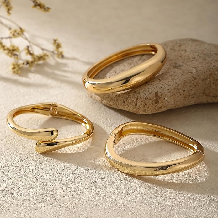 2/3/6pcs Chunky Gold Bangle Cuff Bracelets for Women, Dainty 14K Gold Plated Stackable Bangles Bracelet Set Jewelry Gift