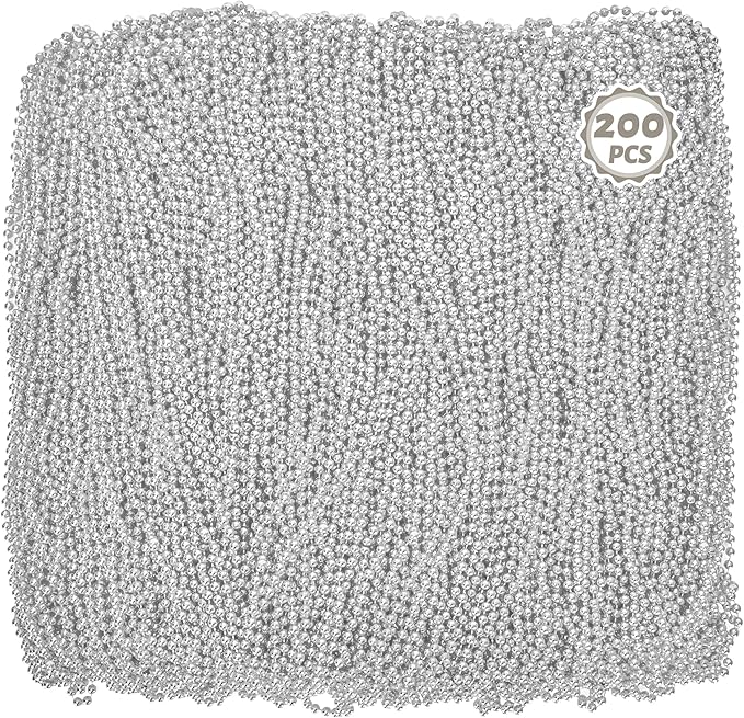 200PCS Mardi Gras Beads Necklaces, Silver Bead Necklace, 33" Mardi Gras Beads, Parade Party Beads Bulk for Christmas Pirate Wedding Birthday Party Favors Supplies Decor