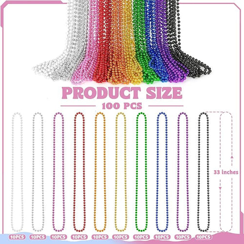 100 PCS Mardi Gras Beads, 33" Assorted Colors Carnival Beads Bulk, 10 Kinds Colors Beaded Stuff Set, Parade Throw Accessories Set, Round Costume Necklaces for Festive Party Supplies