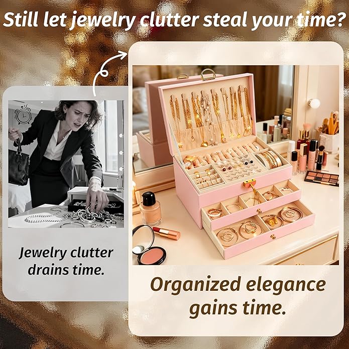 SMUOBT Jewelry Box with Jewelry Set for Women Men - Large Multi-Layer Jewelry Organizer Storage Case with Drawers, Necklace Bracelet Hoop/Stud Earrings Rings Gift Set for Her Him, Unique Birthday Party Gift (Gold/Black Silver)