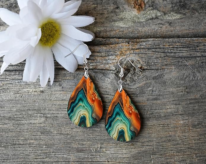 Teardrop Wood Earrings Light Weight Printed Image Dangle Jewelry, Fun and Funky Earrings