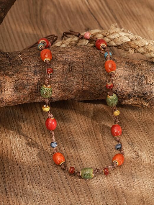 MINACHI Hippie Bohemian Colorful Ceramic Bead Long Strand Necklace, Boho Hippie Beach Summer Statement Jewelry Gift for Women