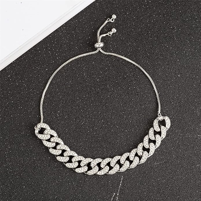 kelistom Cuban Link Rhinestone Filled Gold Box Chain Anklet for Women, Punk Hip-hop Ankle Bracelets, Length Adjustable