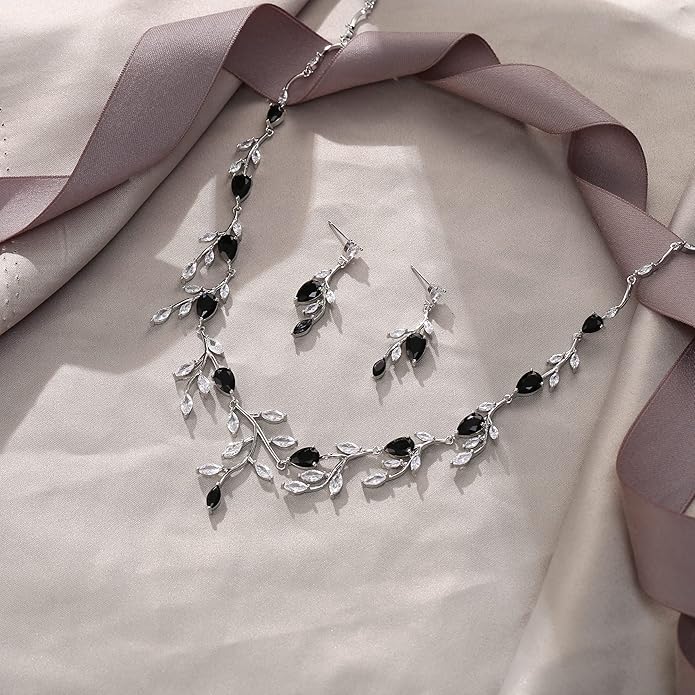EVER FAITH Wedding Jewelry for Bride Women Bridesmaid, Sparkly Cubic Zirconia Pear-Shaped Birthstone Leaf Necklace Earrings Set for Prom