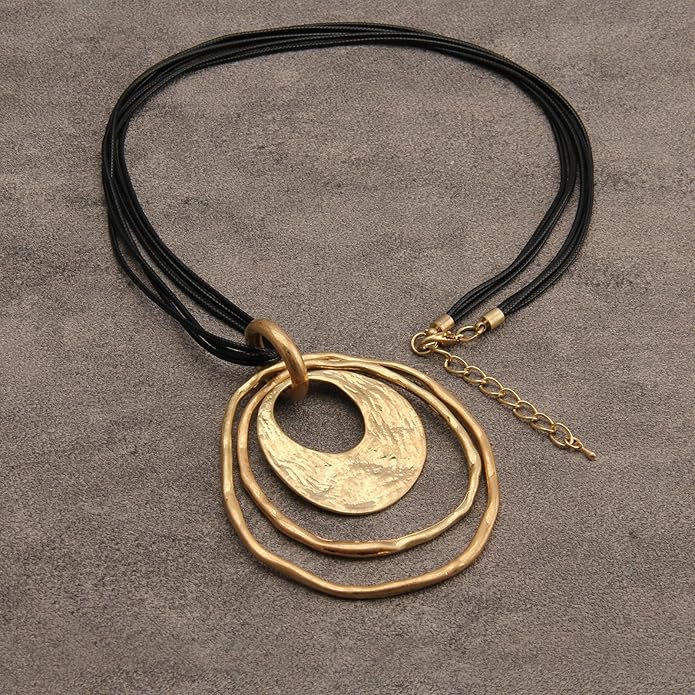 GelConnie Leather Necklace for Women Large Pendant Long Brown Necklace Circle Leather Choker Vintage Sweater Necklace Gold Chunky Boho Necklaces for Women