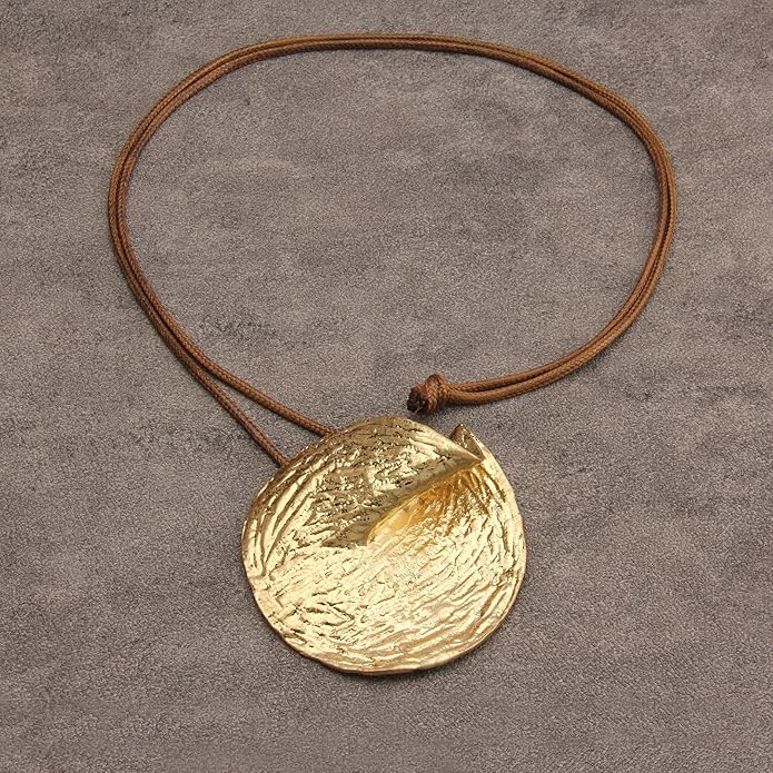 GelConnie Leather Necklace for Women Large Pendant Long Brown Necklace Circle Leather Choker Vintage Sweater Necklace Gold Chunky Boho Necklaces for Women