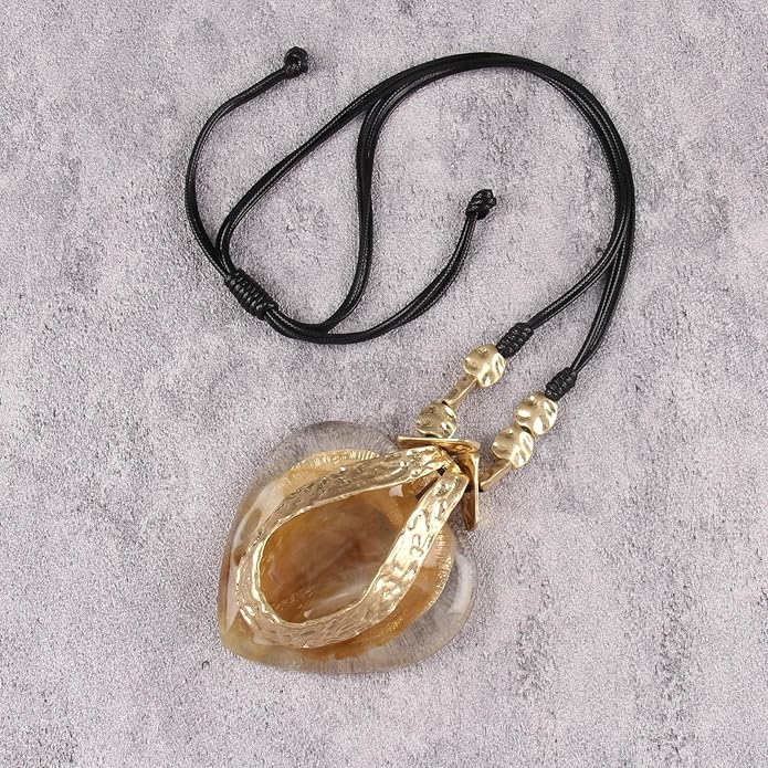 GelConnie Leather Necklace for Women Large Pendant Long Brown Necklace Circle Leather Choker Vintage Sweater Necklace Gold Chunky Boho Necklaces for Women